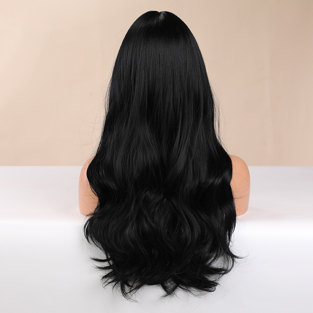 Black Natural Long Wavy Cosplay Wigs With Bangs Heat Resistant Hair Women