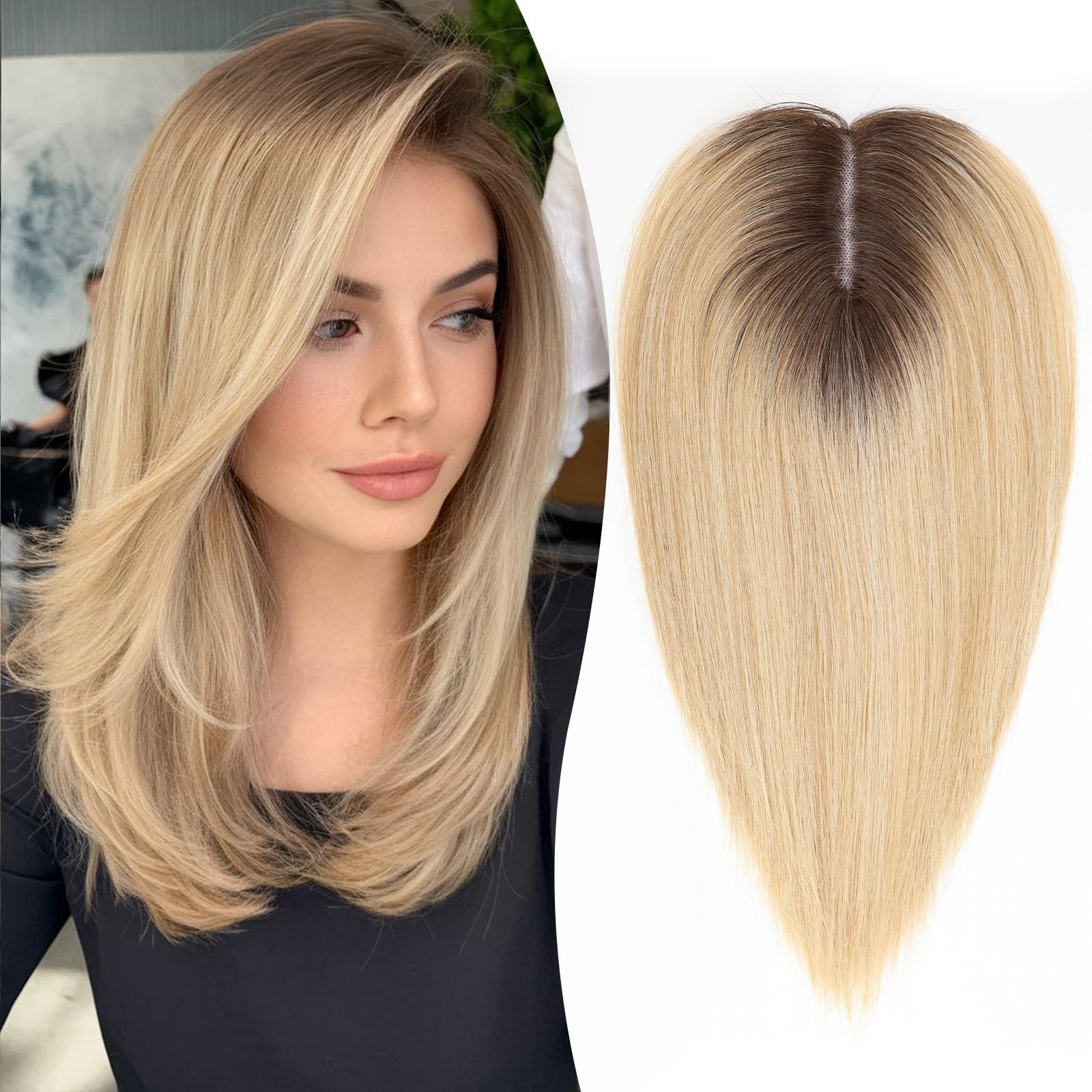 EMMOR 14in Synthetic Hair Topper with 3 Clips 5×3.5 Base Ombre Light Blonde