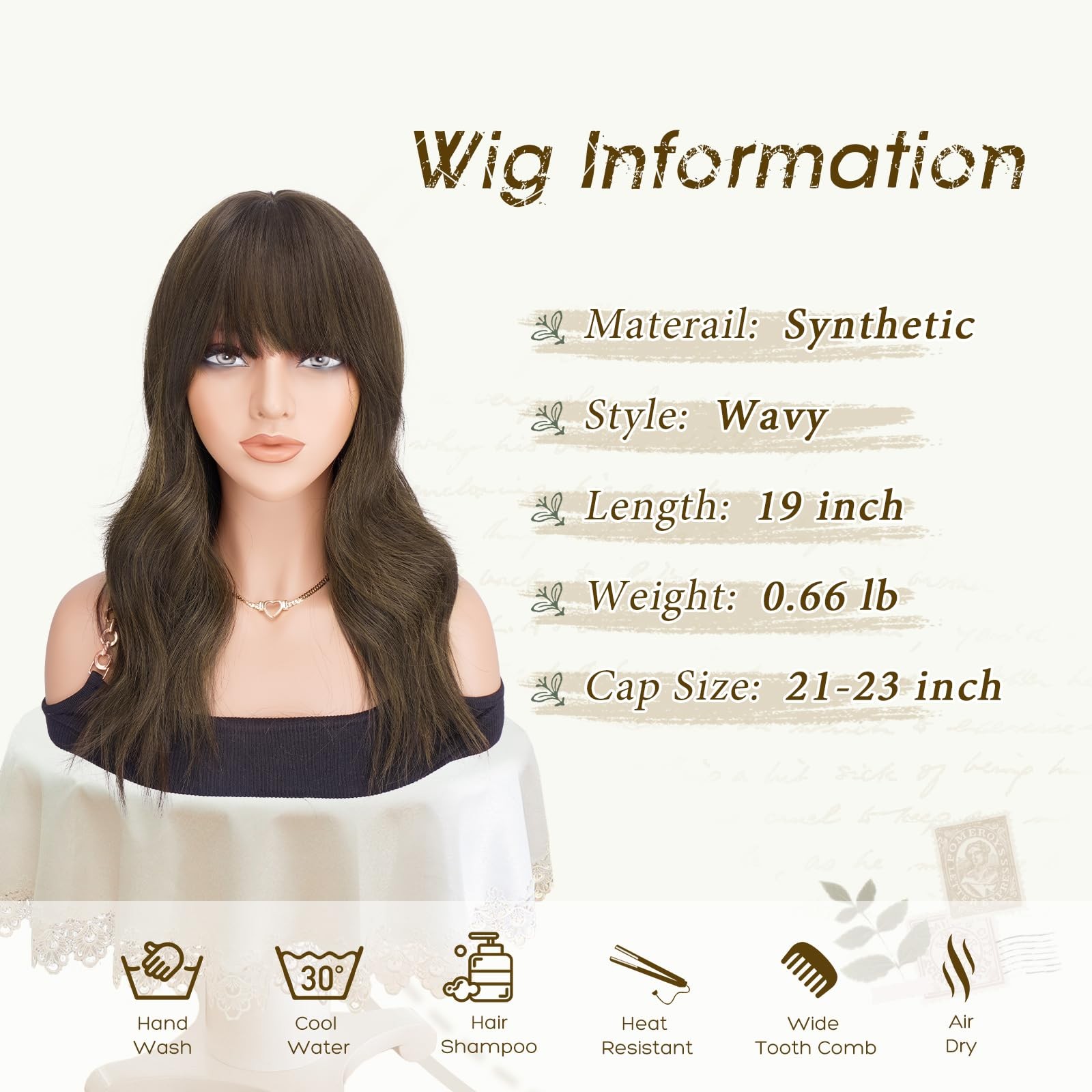 Haloo Brown Wigs Bangs – 19 Inch Natural Wavy Synthetic Heat Resistant Medium