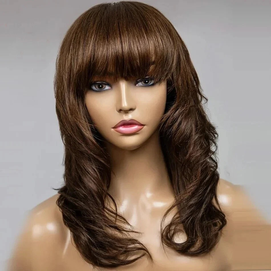 Layered Cut Full Machine Made Wigs For Women Brazilian Remy Brown Human Hair Wig