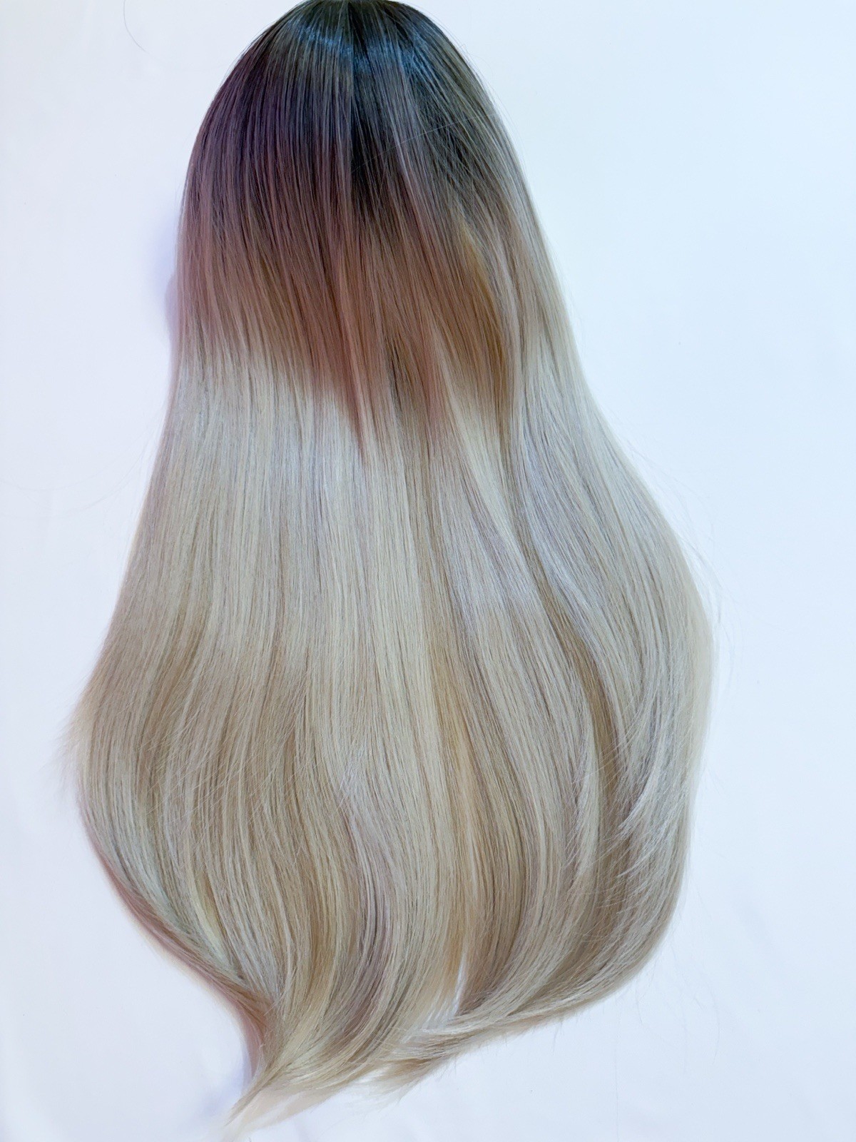 24” Human Hair Blend❤️ Dark Roots Blonde Women Wig Bangs Heat Resistant Straight