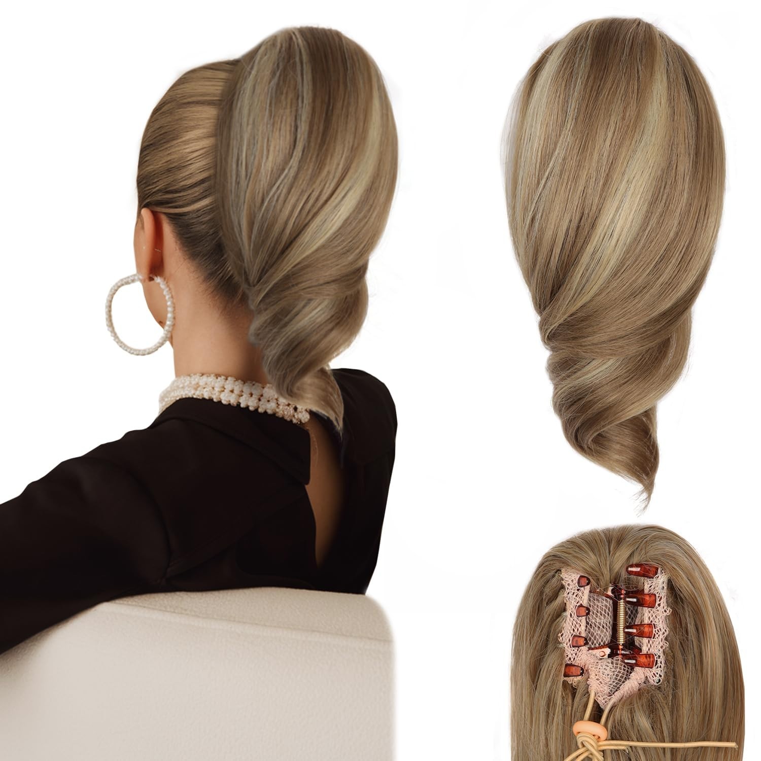 12″ Dark Blonde Highlights Curly Ponytail Extension for Women 48E469204