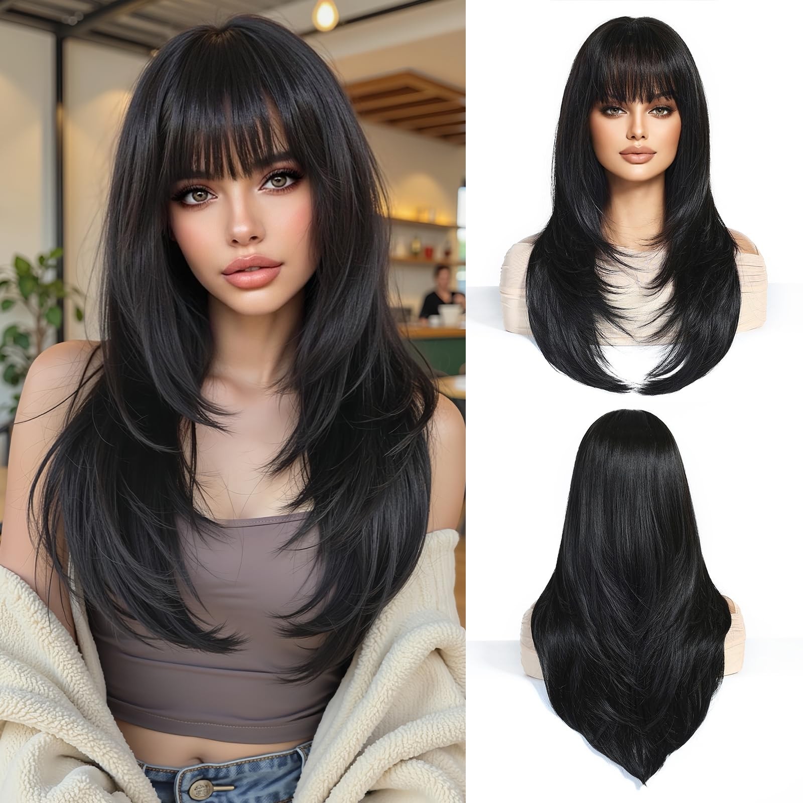 Long Straight Black Brown Wigs for Women with Fringe Natural Synthetic Hair W…