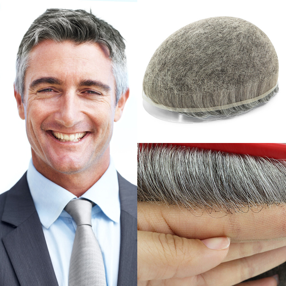 Full French Lace Toupee For Mens Human Hair Replecement System Hairpiece Grey