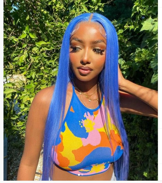Long Straight Lace Front Wig Synthetic Hair Wig Heat Safe Blue Glueless Long Wig