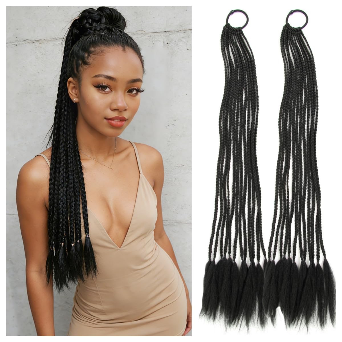 2 PCS Black Braid Ponytail Extension 24 inch, Long Braided with Hair Tie, Rea…