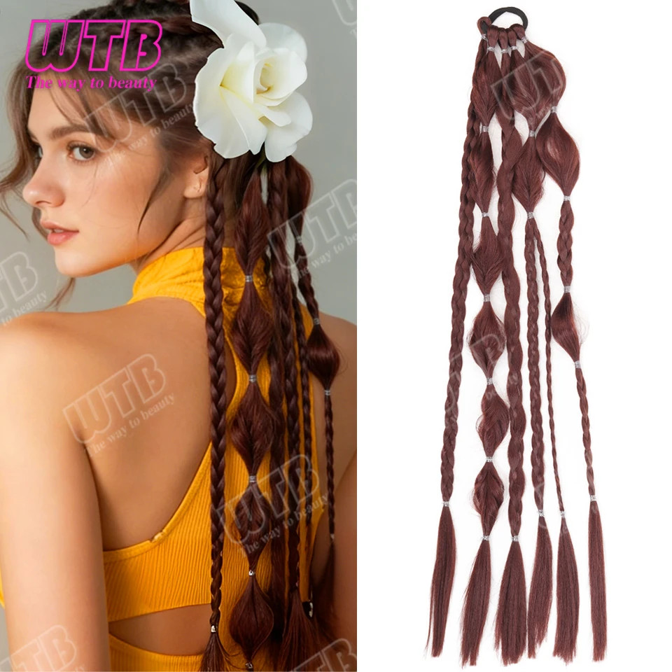 Bubble Braided Ponytail Synthetic Wig for Women Elastic Band for Daily Party