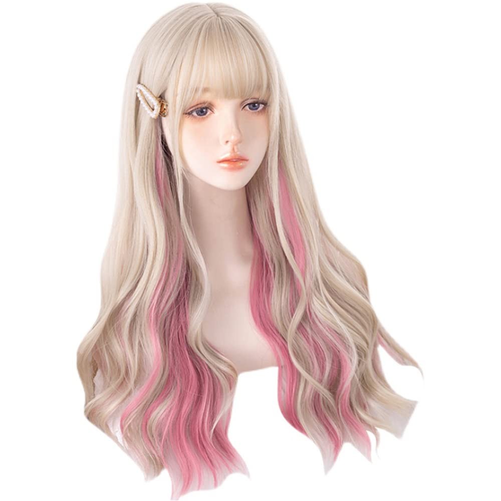Gold Ear-dyeing Pink Lolita Wig Japanese Harajuku Cute Daily Long Curls Hair …