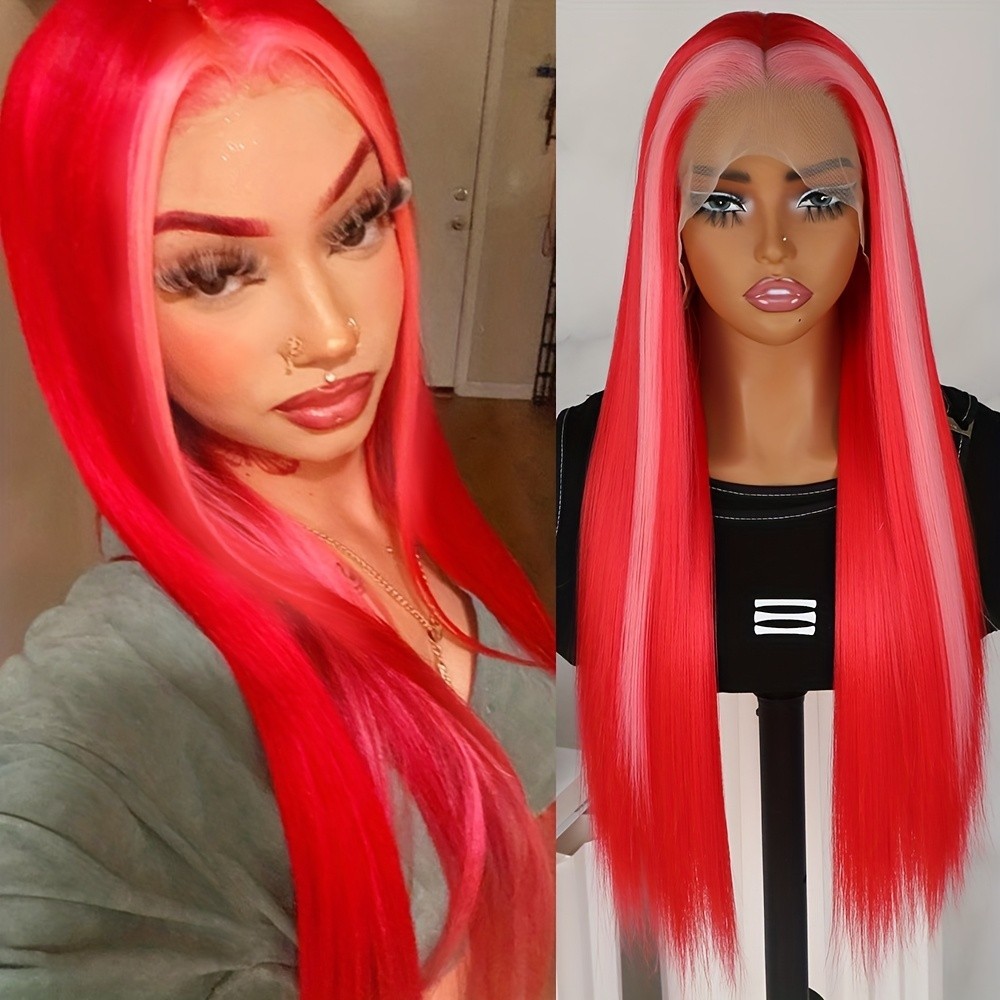 Skunk Stripe Red Color Hair Lace Front Wigs Long Straight Highlights Women Party