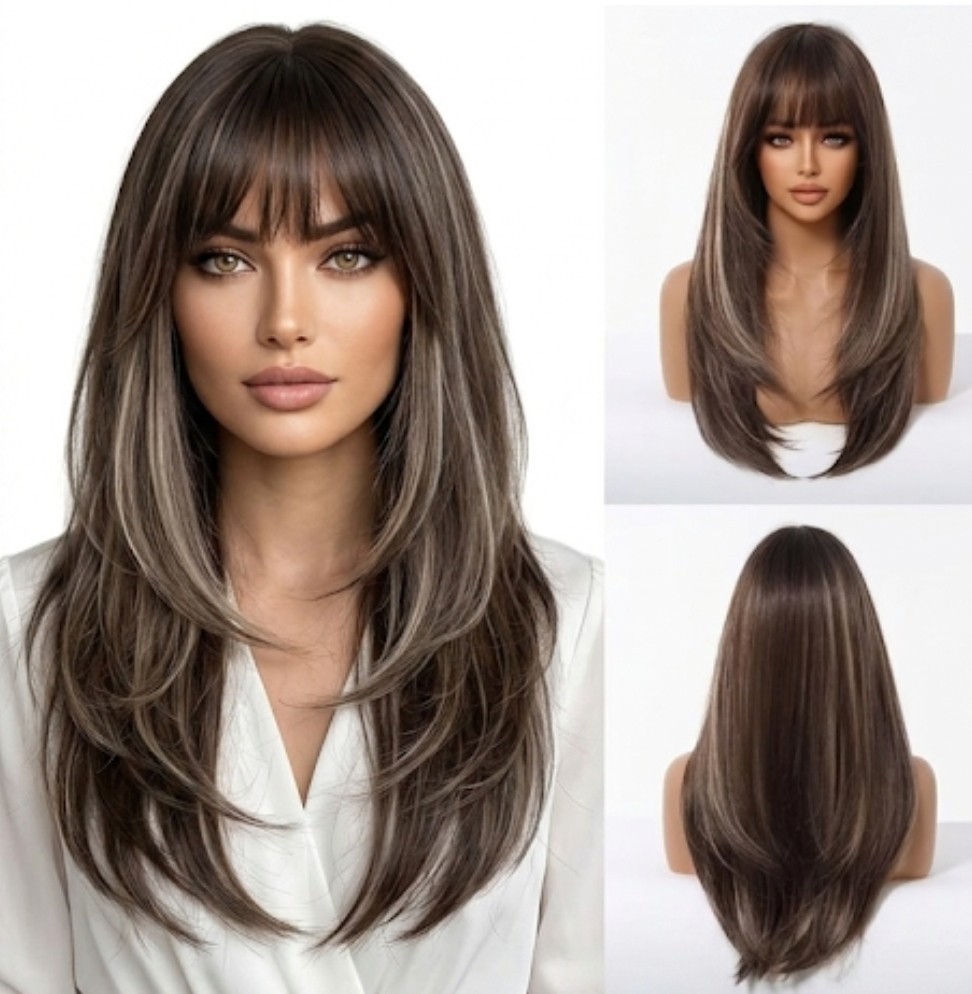 Dress Up Wig With Fringe Mixed Brown blonde Long Straight Synthetic Hair