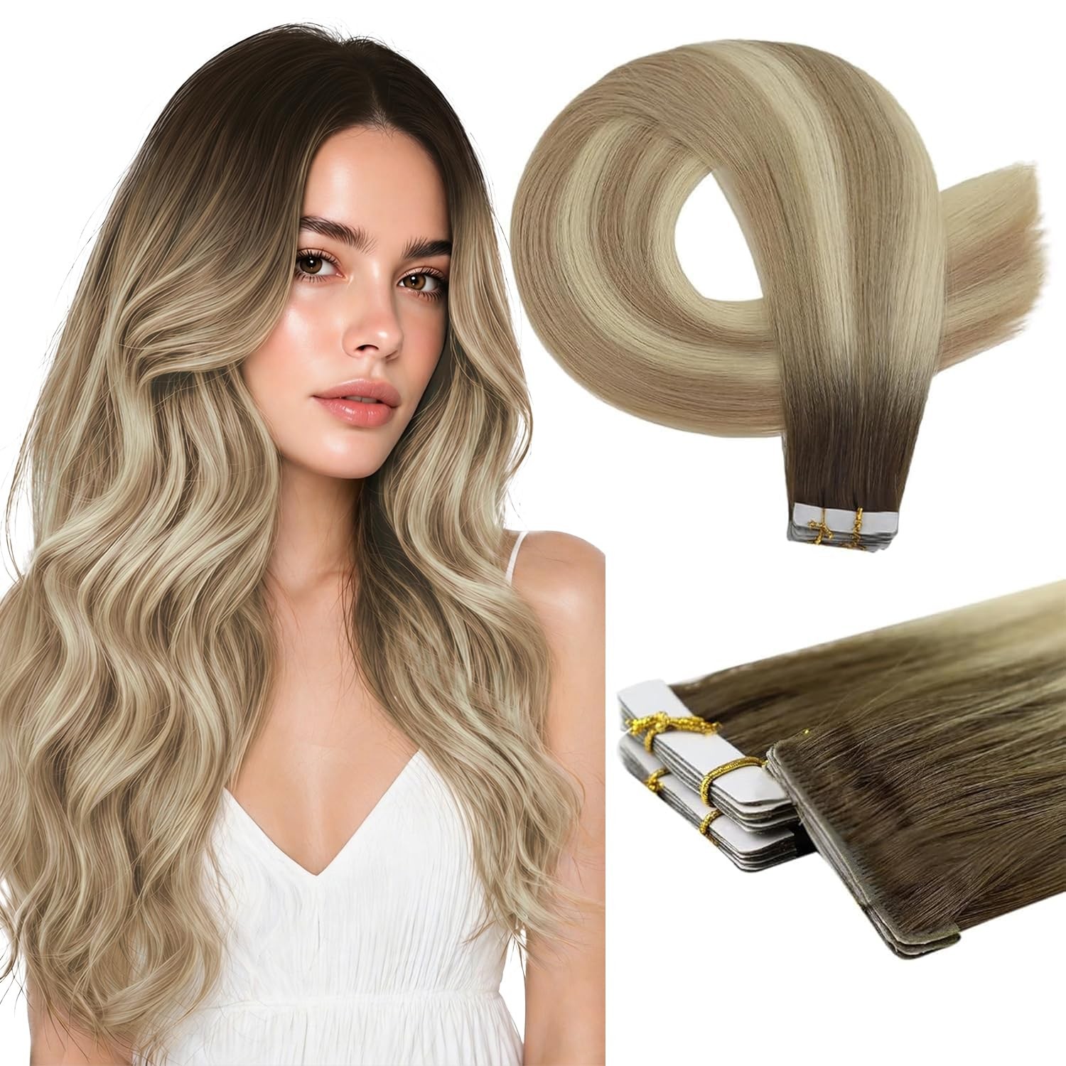 Full Shine Invisible Tape in Hair Extensions Human Hair, Color Shadow Root Es…