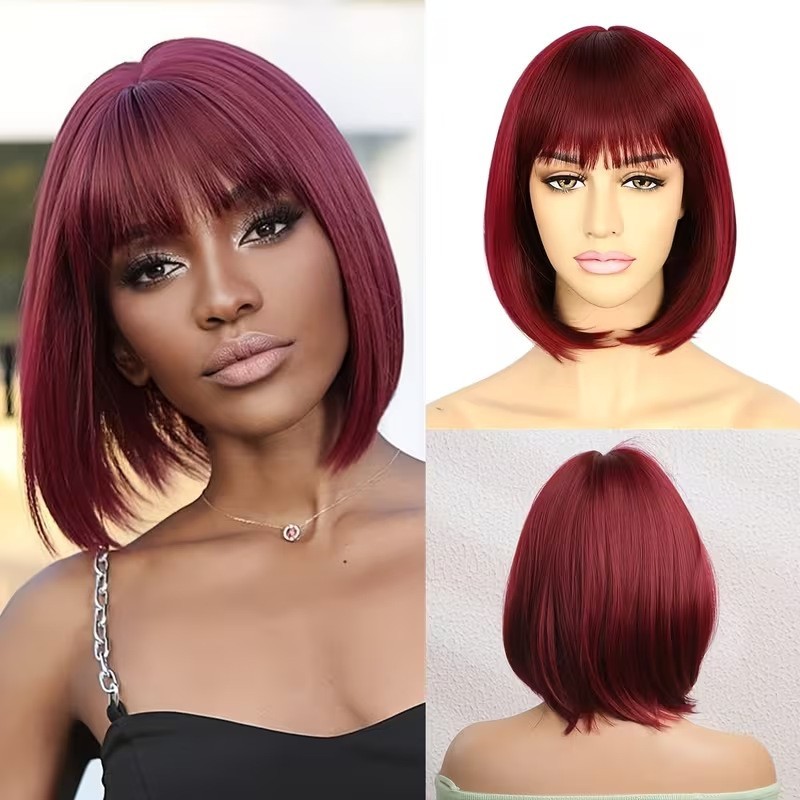 Women Short Bob Wig Burgundy Red with Bangs Straight Synthetic Hair Full Wig 12i
