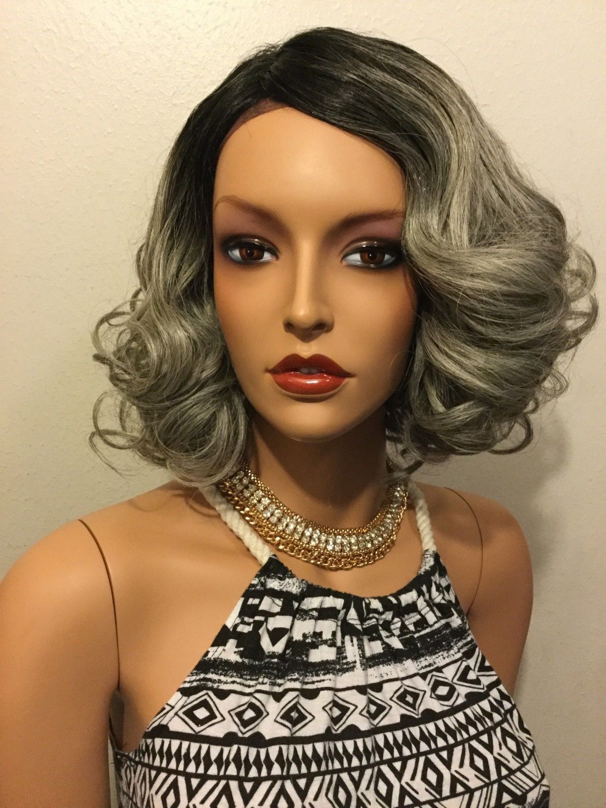NWT Bobbi Silver & Black Lace Front Hand-Tied Part High Heat Fiber Wig