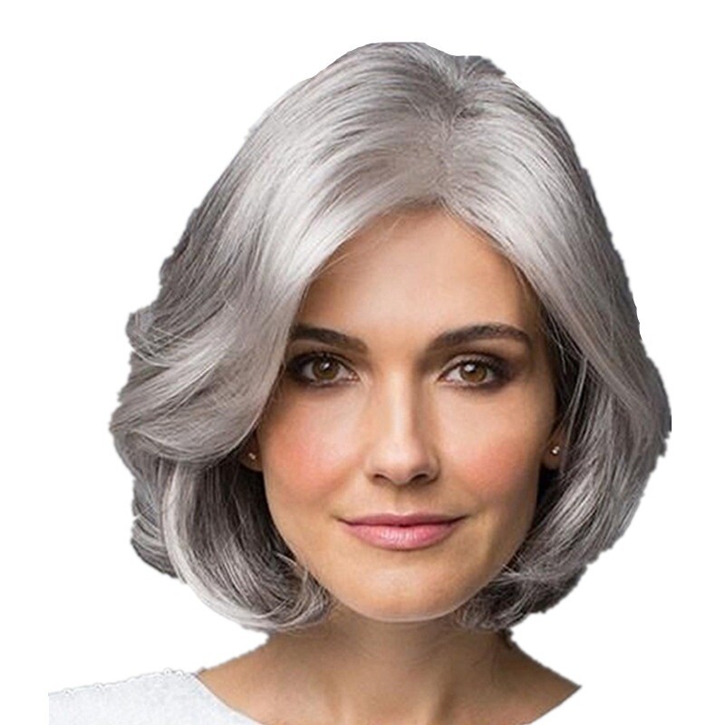 Women Synthetic Silver Wavy Short Bob Wig Smooth Natural Light Grey Hair
