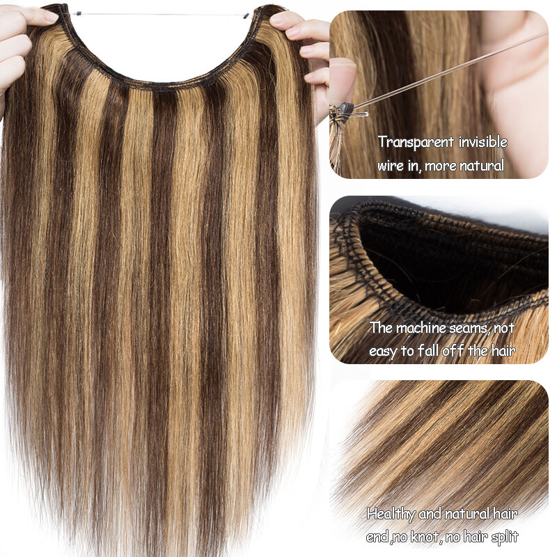 Wire on Clip in Remy Human Hair Extension Invisible Ring Headband Weft One Piece