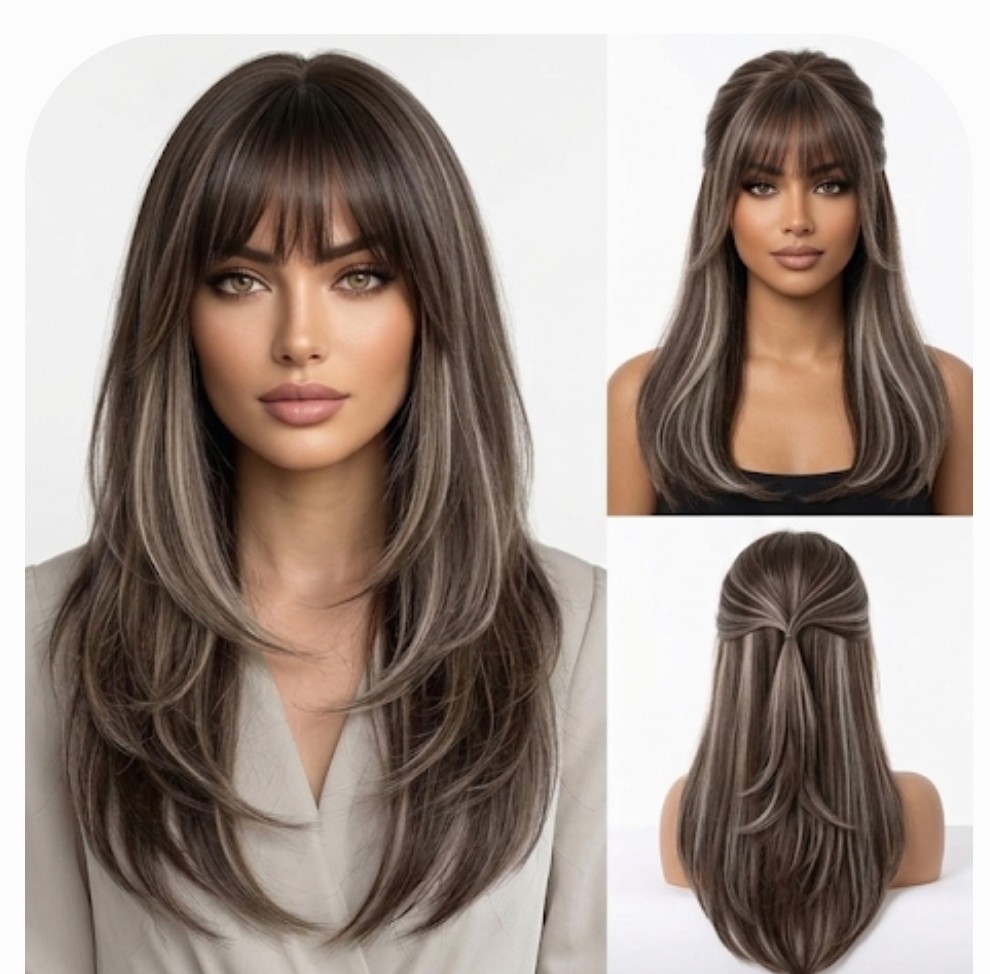 Dress Up Wig With Fringe Mixed Brown blonde Long Straight Synthetic Hair