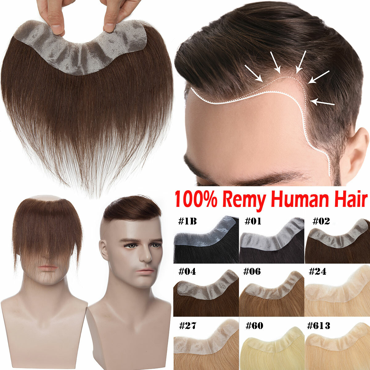 Front Toupee Human Hair Replacement System V-loop Thin Skin Mens Hairpiece Wigs
