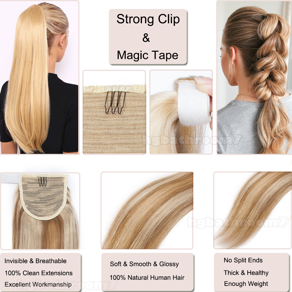 FULL Soft 100% Human Hair Ponytail Clip In Remy Wrap Pony Tail Extensions Thick
