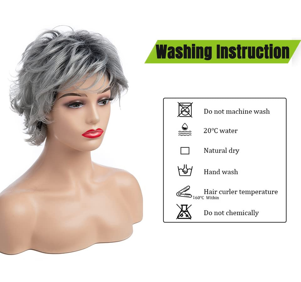 Silver Grey Wigs for White Women Short Highlighted Layered Gray Wavy Wig
