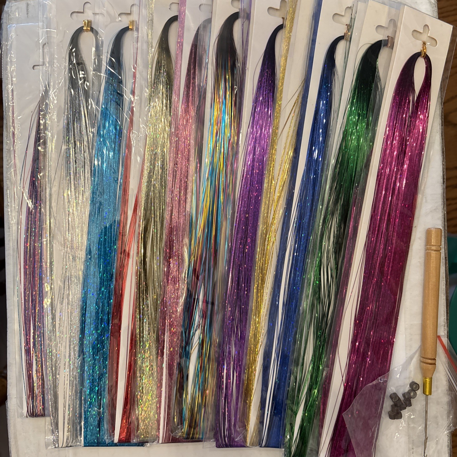 14 Pack Mixed Colors Hair Tinsel Kit with Tools 36-44 Inch Fairy Hair Extensions