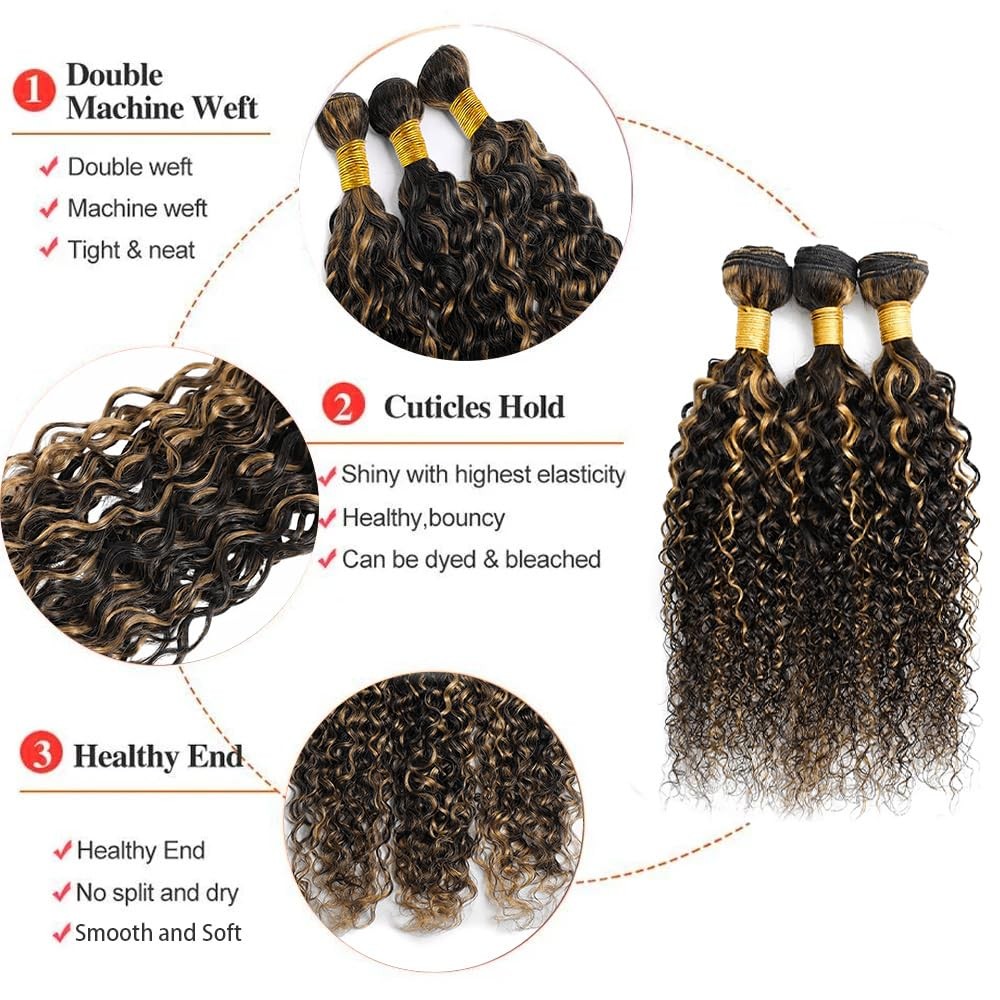 Piano Color P1B27 Highlight Curly Wave Bundles Natural Black and Honey Blonde…