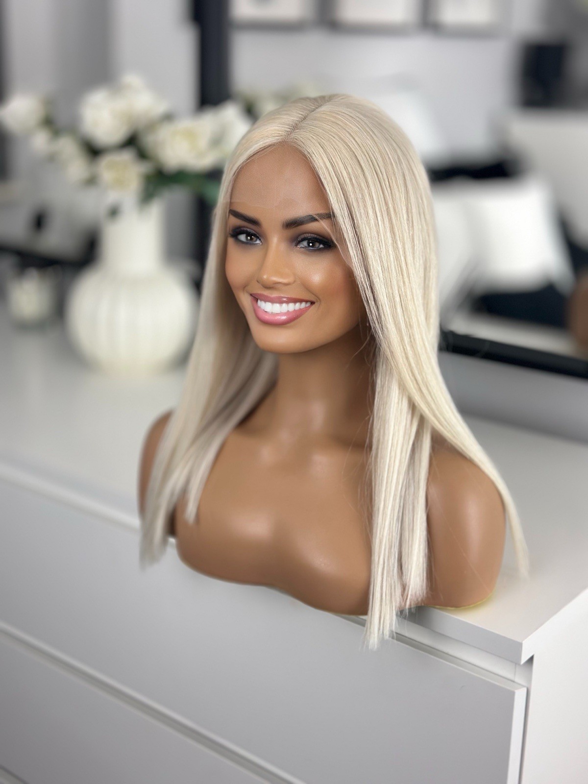 White Platinum Blonde #60 Lace 16” 180% Long Bob 100% Human straight Hair Wig
