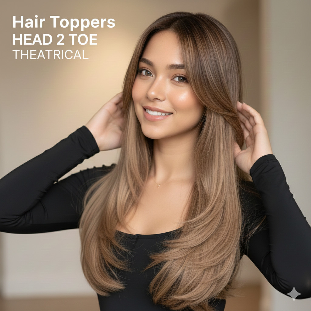 Sarah 20″ Hair Topper Brown Blonde Gradient 3 tone straight curtain bangs woman