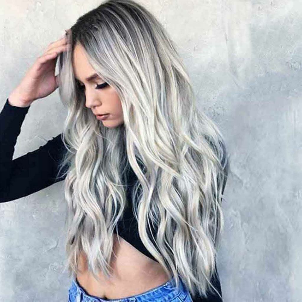 Women Gray Silver White Ombre Lace Long Wavy Curly Blonde Wig Synthetic Hair US