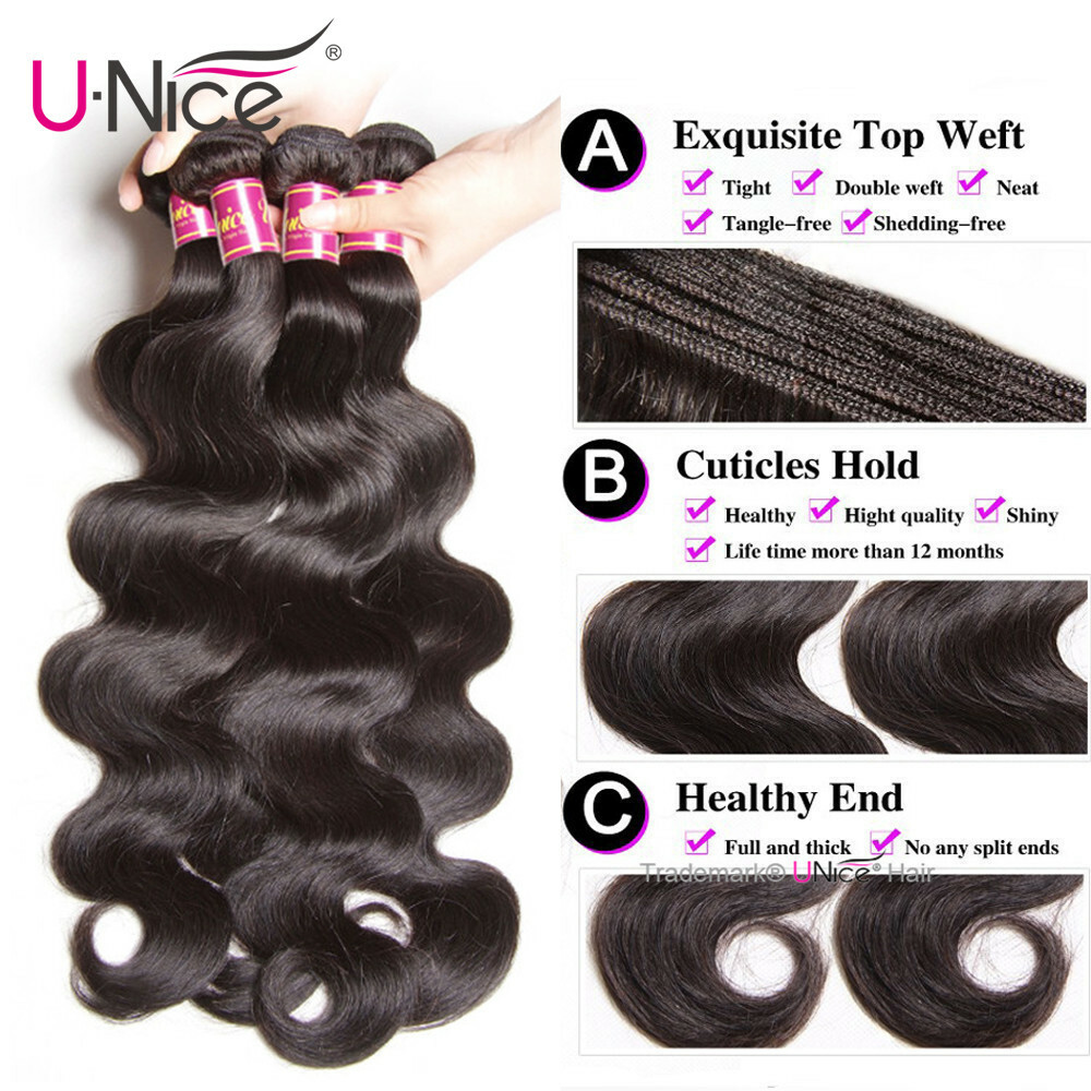 UNice Brazilian Body Wave Human Hair Extensions 3 Bundles with 4×4″ Lace Closure