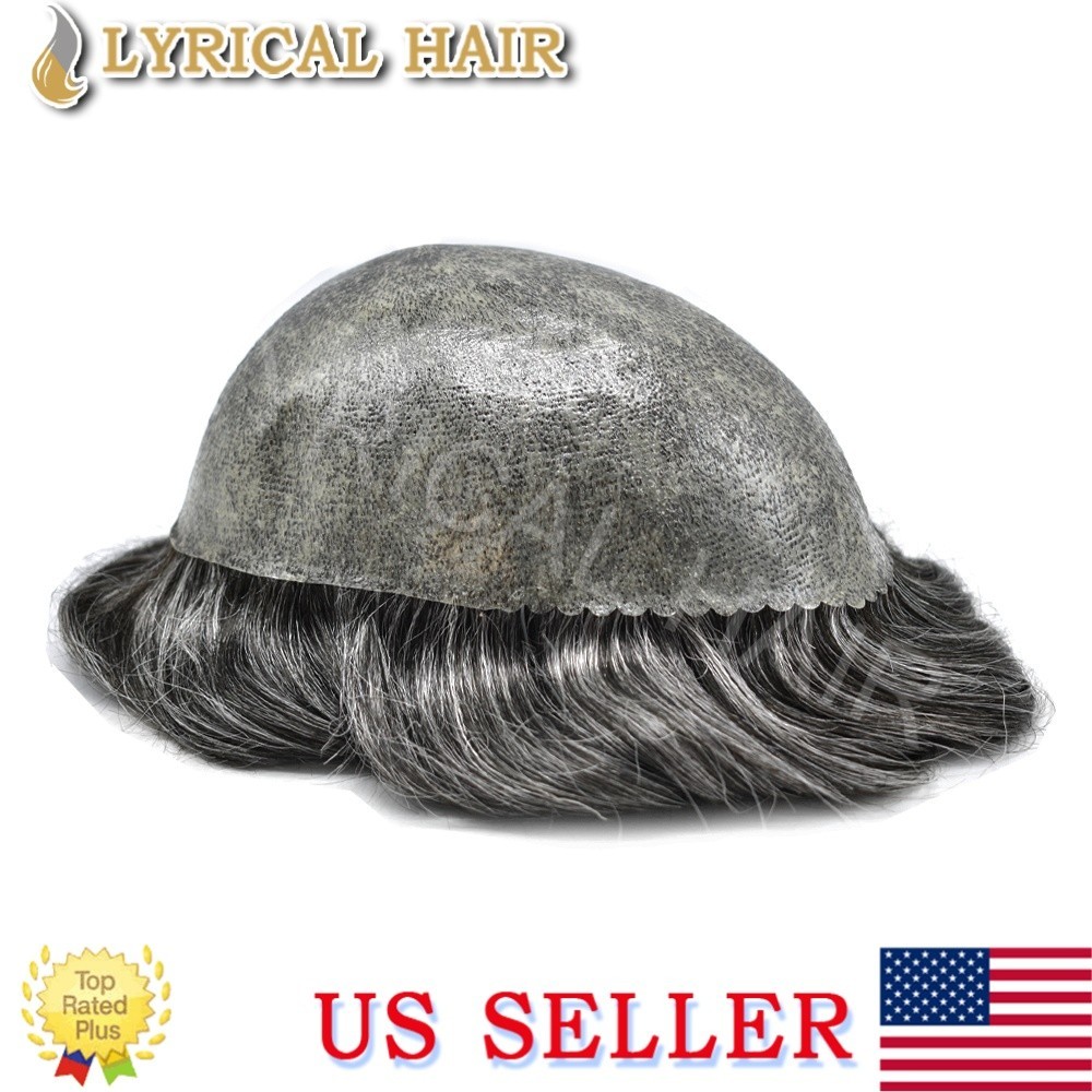 Mens Toupee All PU Human Hair Replacement System Grey Black Brown Hairpiece Wigs