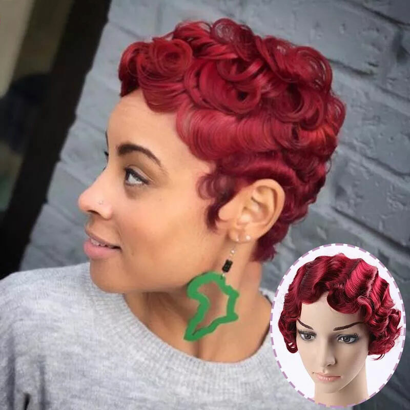 Burgundy Red Finger Wave Remy Human Hair Wigs Short Wave Pixie Wigs None Lace US