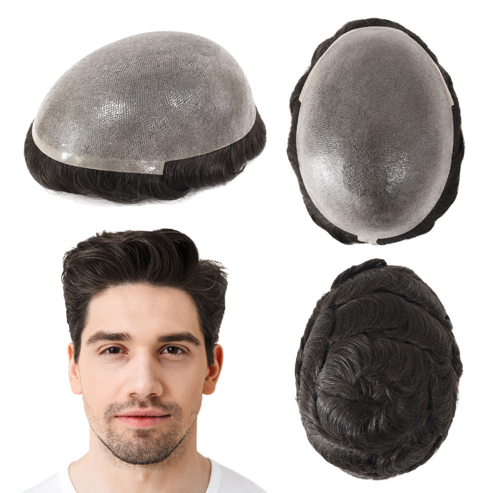 Mens Human Hair Replacement System Poly Skin Toupee Black Hair Pieces #1B 7X9