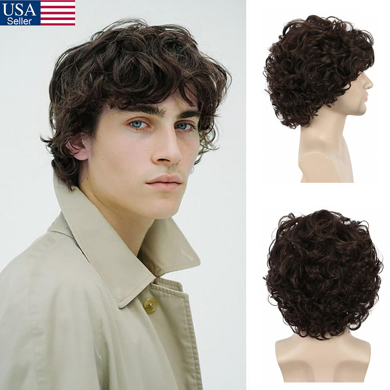 Men Brown Short Curly Wig Fluffy Synthetic Fiber Hair Wigs for Men Daily Wig US