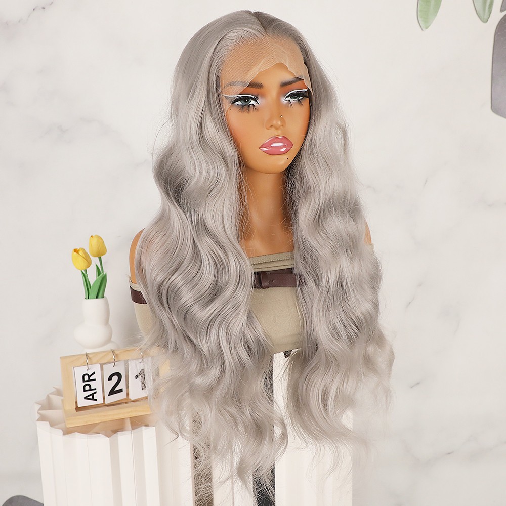 Long Wavy Gray Heat Resistant Lace Front Wig Glueless Body Wave Natural Hairline