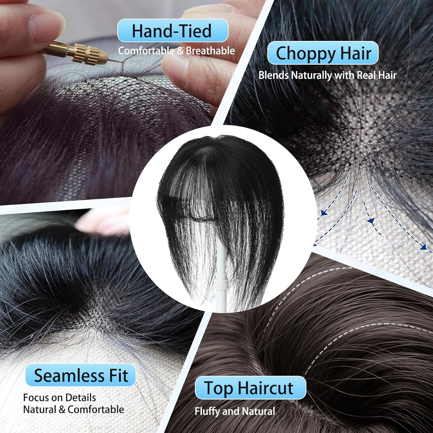 Clip in Bangs Human Hair Topper for Woman Hand-Tied French Lace Jet Black 10in