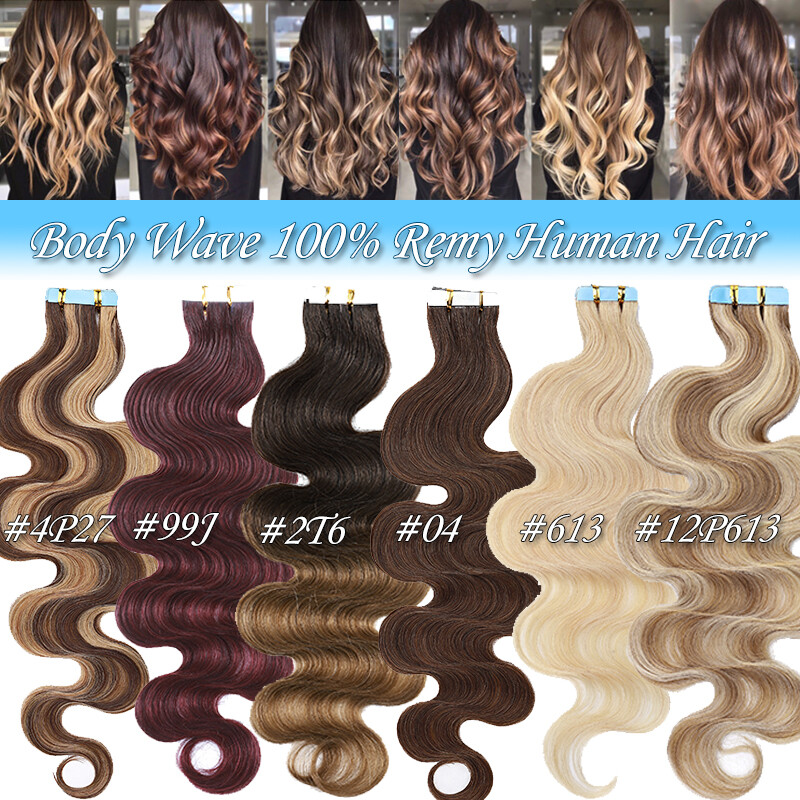 Tape In 100% Remy Human Hair Extensions Invisible Skin Weft Body Wave & Straight