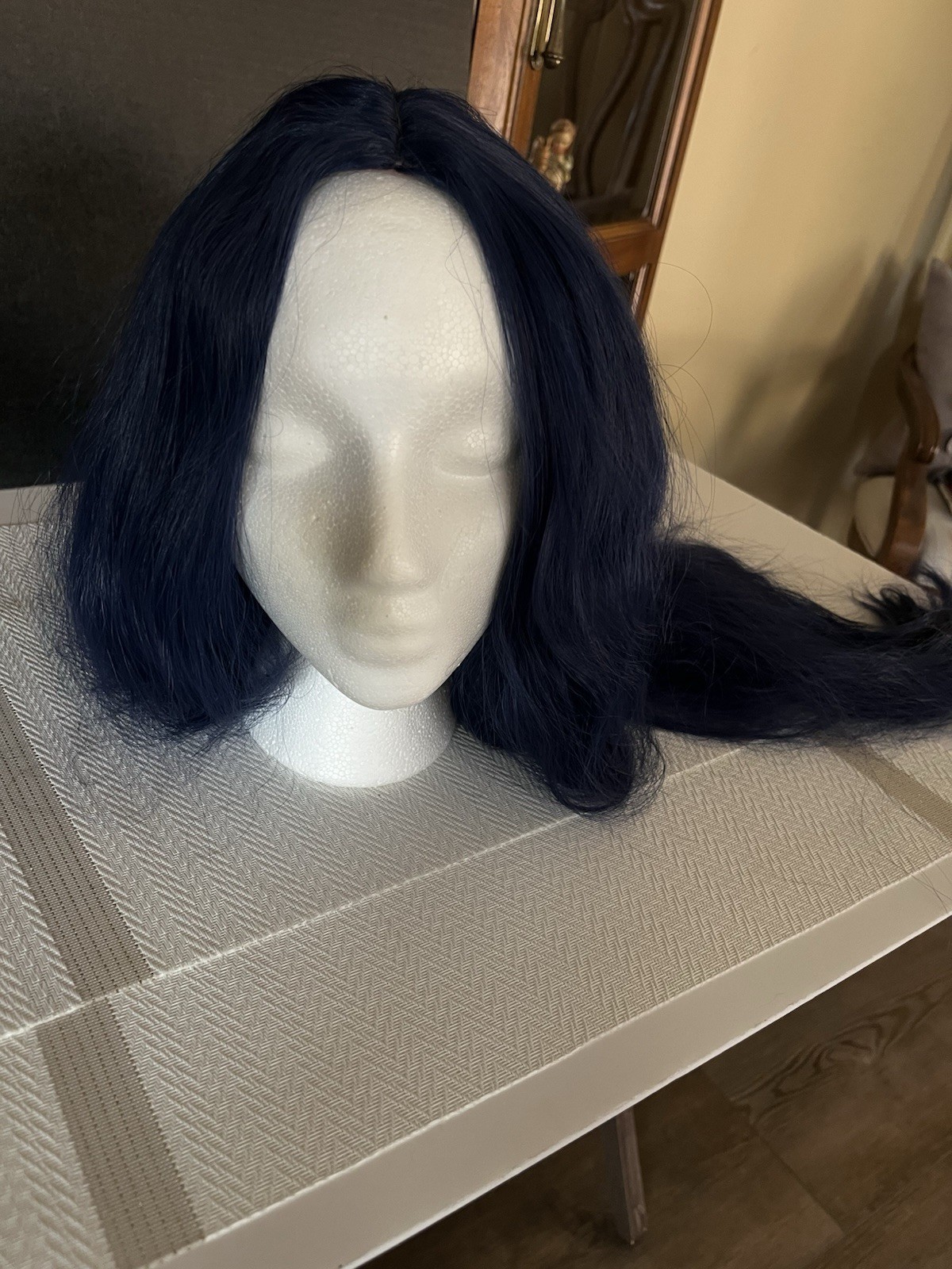 Blue Long Wavy Synthetic Lace Front Wig Free-Part Layered Adjustable Strap
