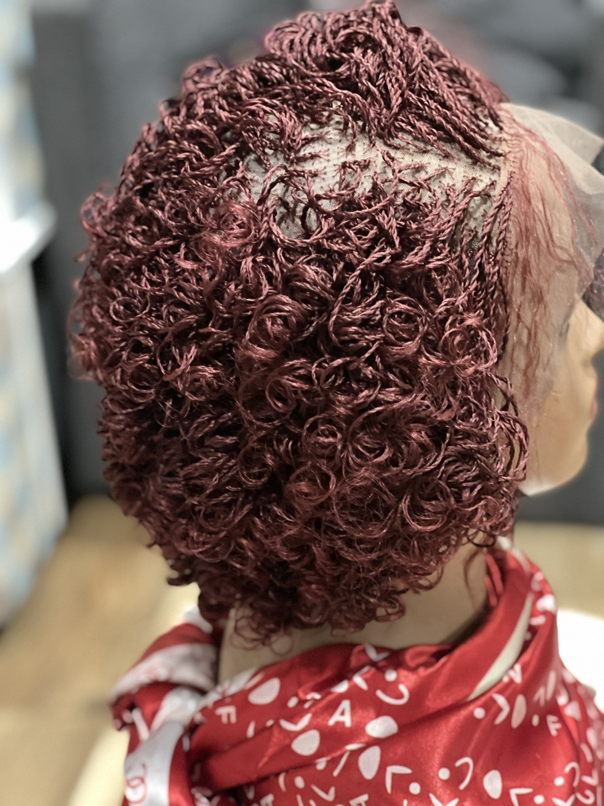 Braided micro twist Curly Burgundy Wig. made on a full lace wig.READY TO SHIP.