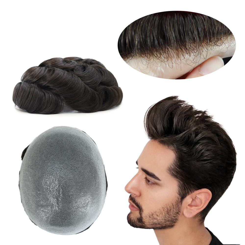 Mens Toupee Human Hair Replacement System Hairpiece 0.05mm Thin Skin BIO #1B