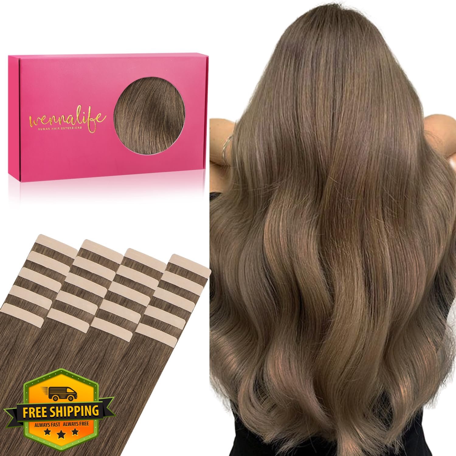 Wennalife 16″ Muted Light Brown Brunette Tape Ins