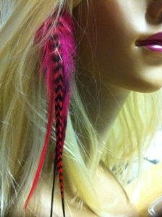 Clip On 4-7 inch Red and Grizzly 100% Real Hair 5 Feathers Extension bonded at