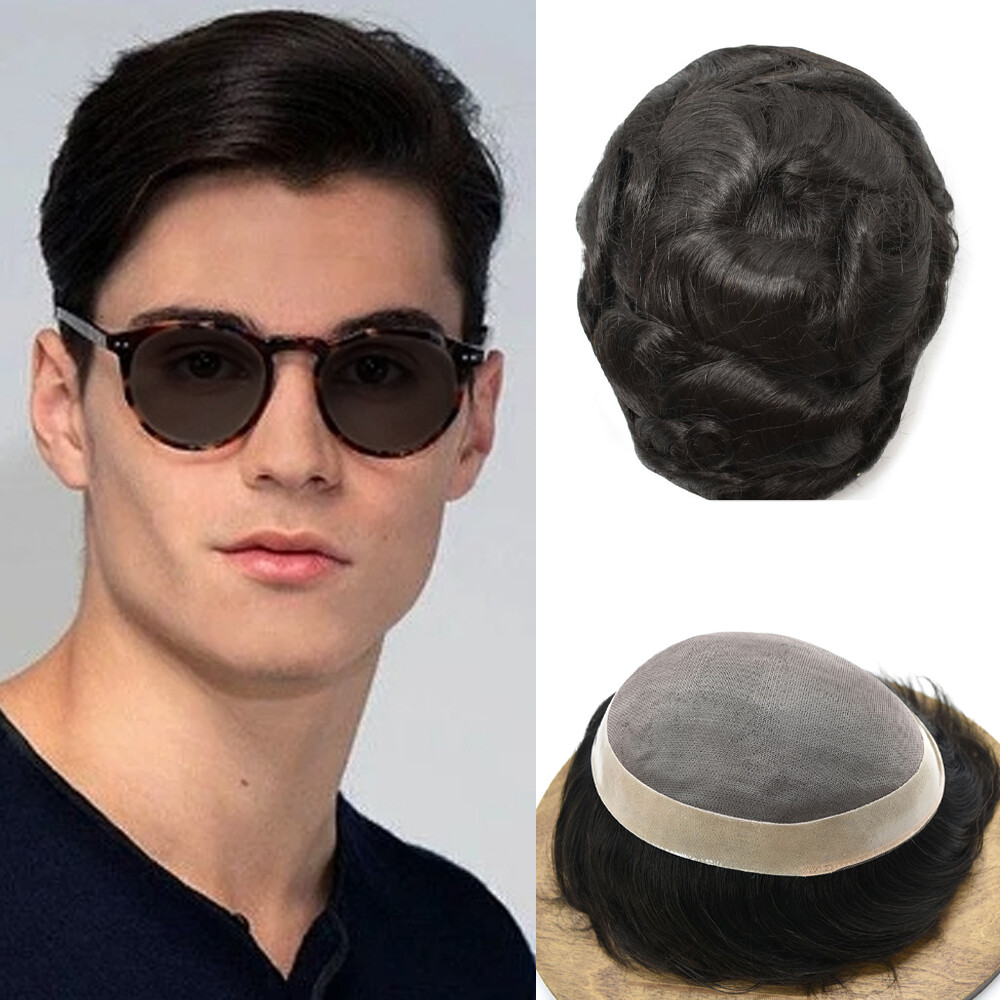 Mens Human Hair Replacement System Hairpiece Fine Mono Poly Skin Mens Toupee Wig