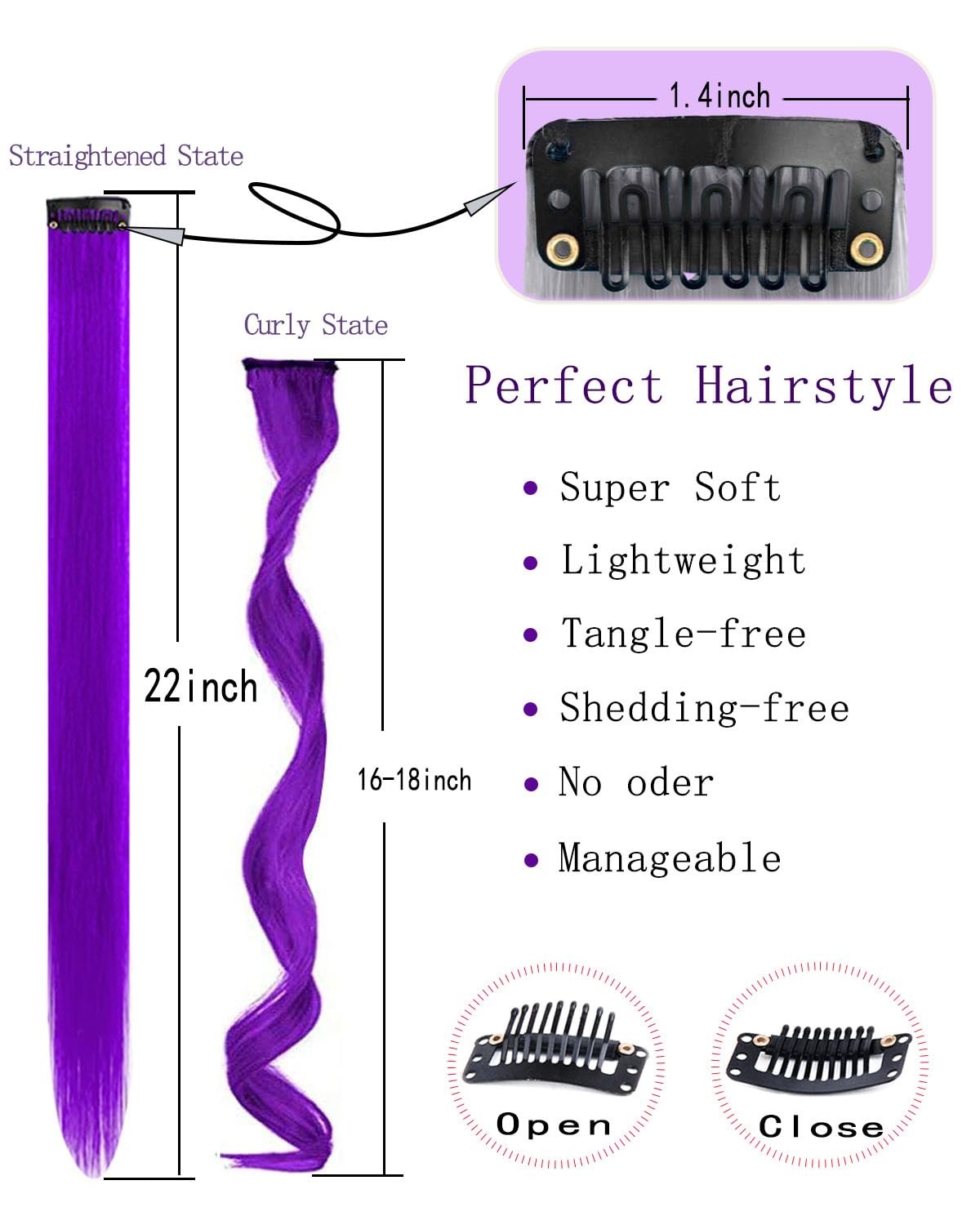 22 Inch Colored Hair extension 12 Pcs Clip in Hair Extension for Women Purple