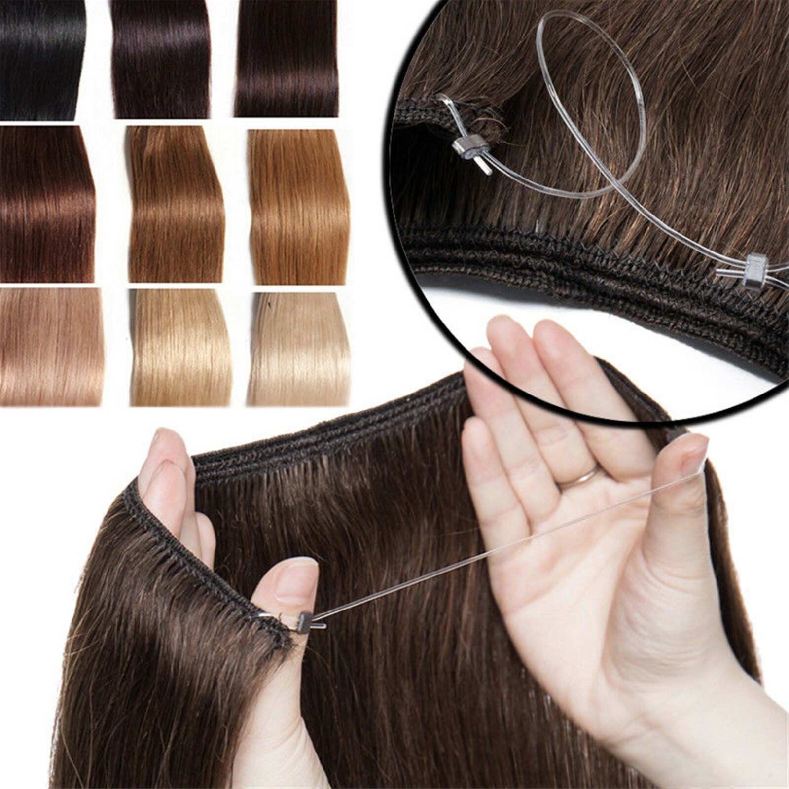 200g Double Weft Wire Flip In One Hairpiece Real Human Hair Extension Full Head