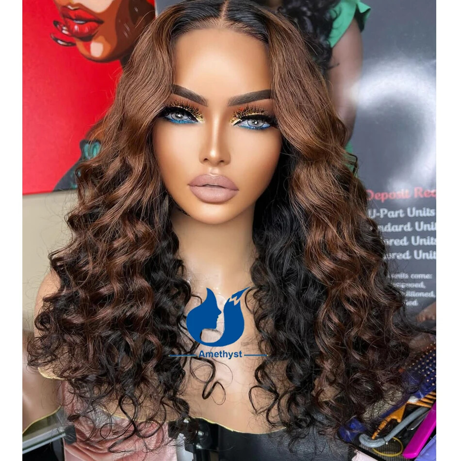Curly Brown Highlight 5.5×4.5 PU Silk Base Lace Closure Wig For Women Human Hair