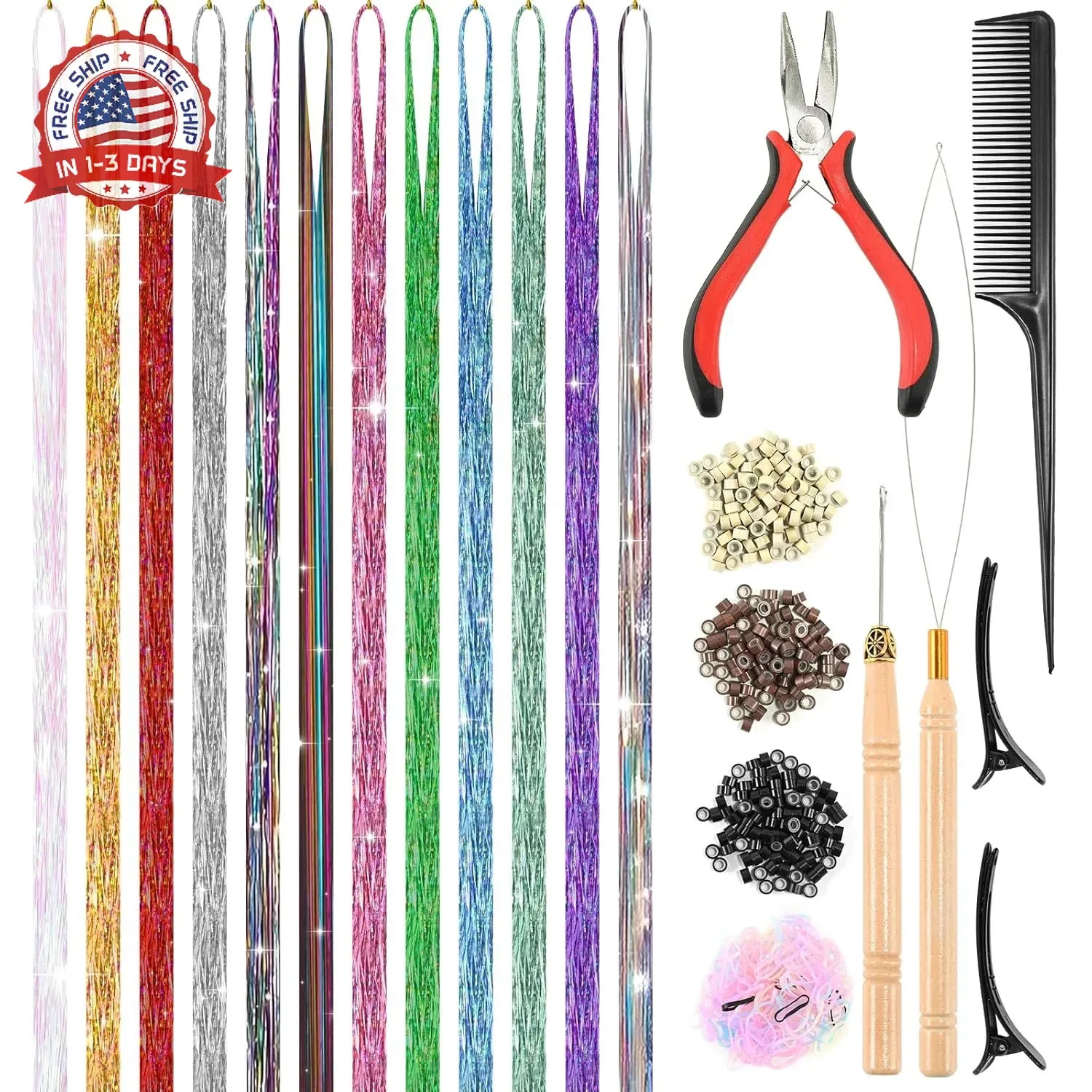 Leuceiy 12 Colors Hair Tinsel Kit, 48 Inch Hair Extensions With Tool, 3600 Stran