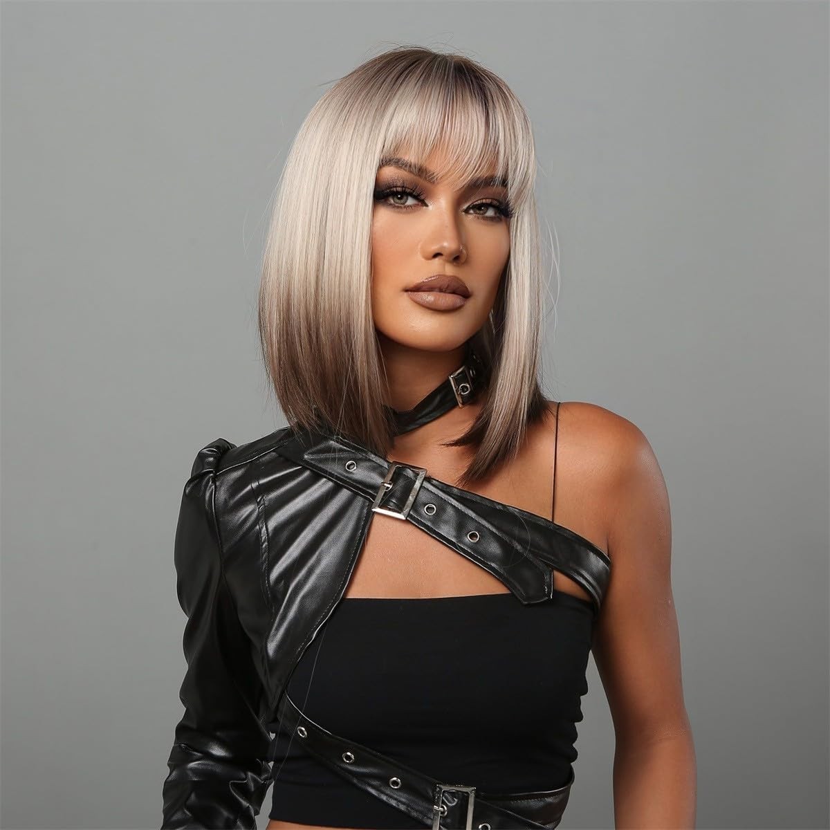 12″ Brown Grey Highlight Straight Wig for Women Daily Wear 78E666554