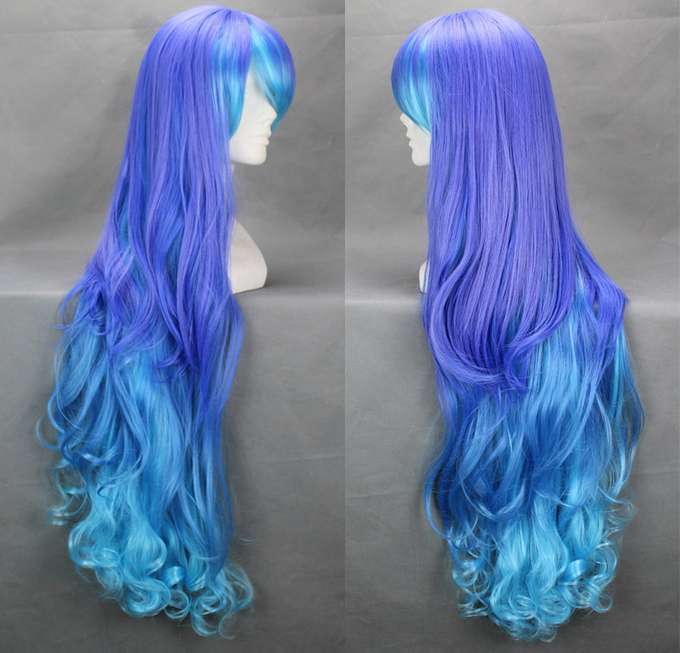 Long Curly Teal Blue Purple Two Tone Cosplay Ombre Wig Halloween Anime Costume