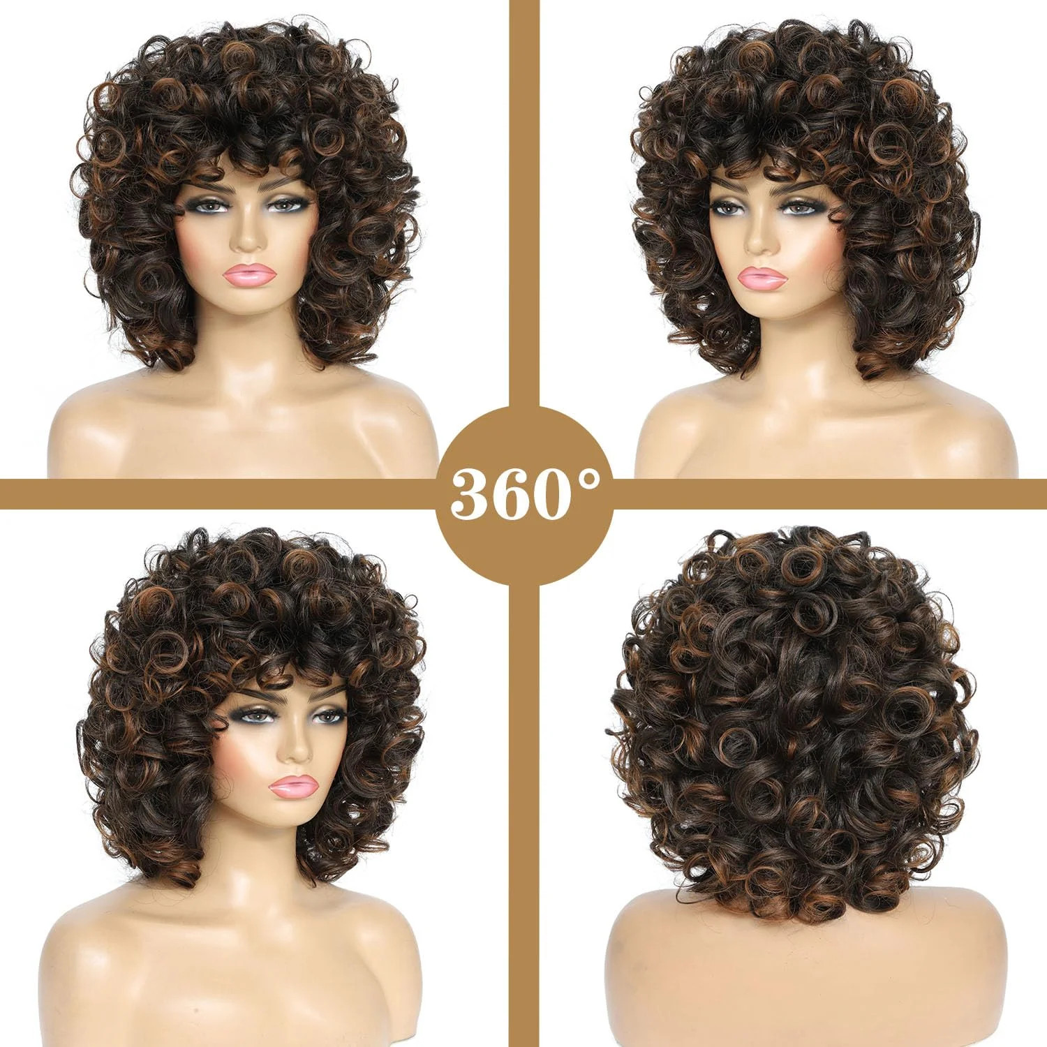 Short Curly Wigs with Bangs for African American Women, Loose Curly Wavy Hair Wi