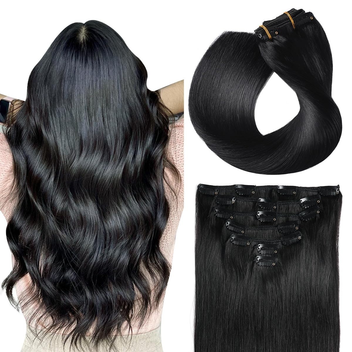 SUYYA Clip in Hair Extensions Real Human Hair 7 Pcs 20 Inch Jet Black 80 Grams